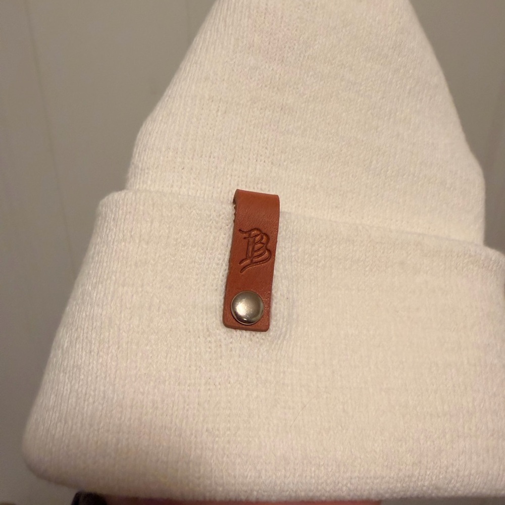 White Knit Beanie with Leather Accent